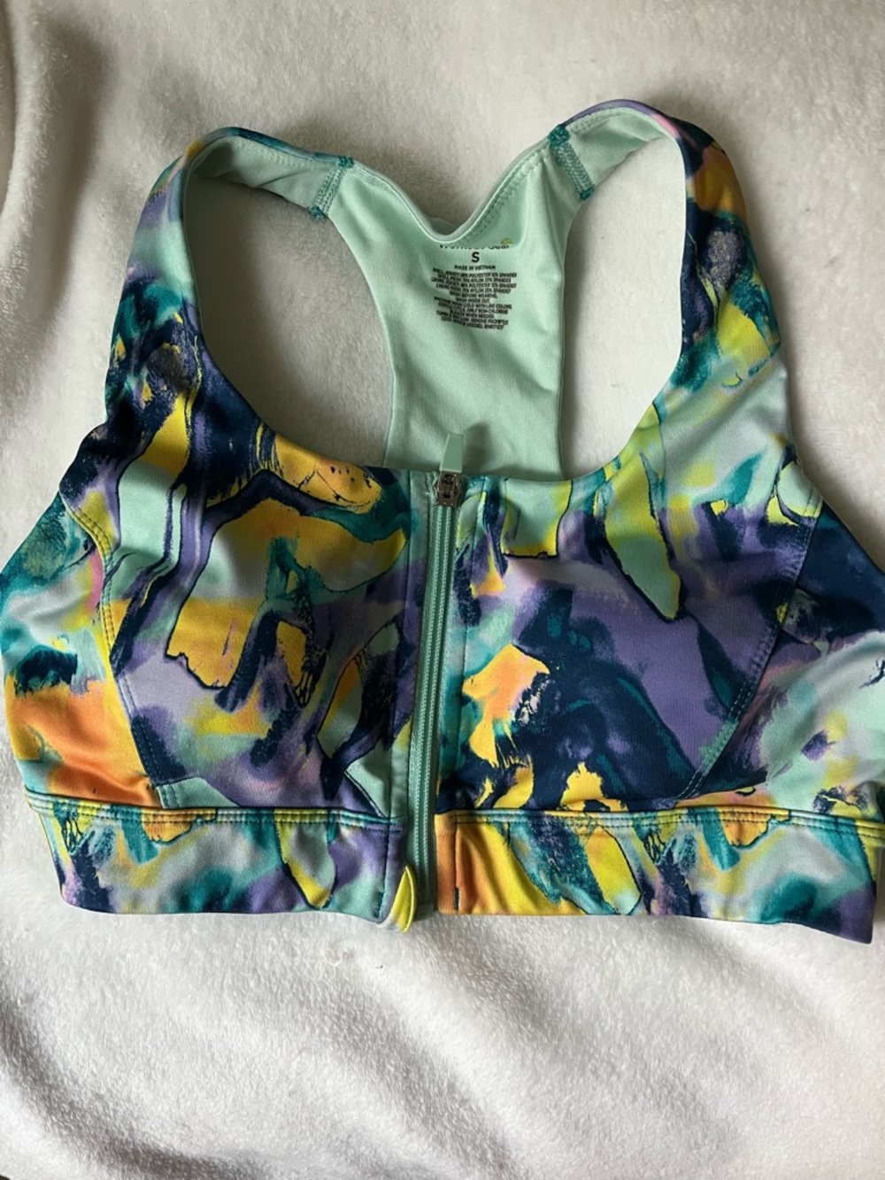 Women's Front-Zip Sports Bra Top in Aqua Multi Colored
